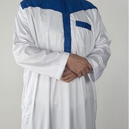 Qamis bicolore Blanc et Bleu satiné Manches longues - Al Atlas