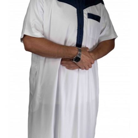 Qamis Blanc et Bleu Marine Satiné Manches courtes - Al Atlas